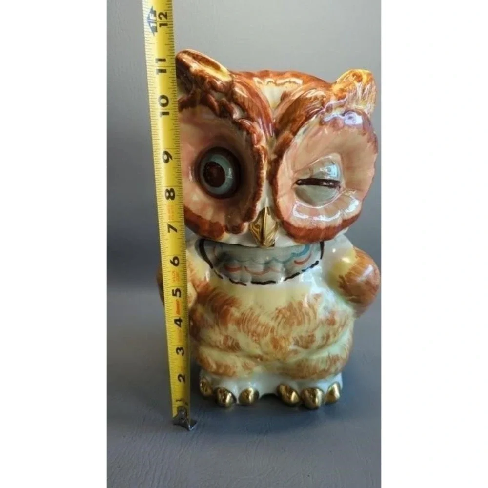 Vintage Shawnee Pottery Winking Owl Cookie Jar with Gold Trim Marked USA
